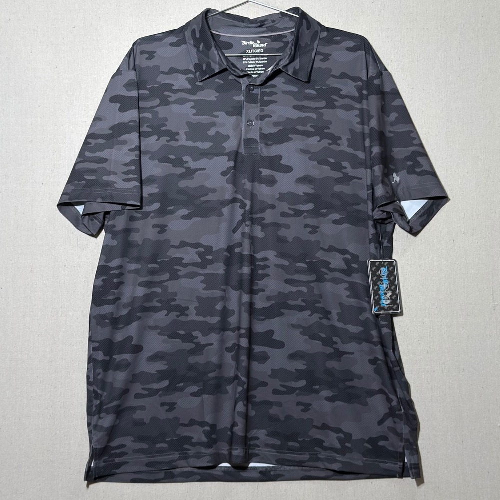 Birdie Bound Polo Shirt Men XL Grey Camo Performance Golf Active Short Sleeve
